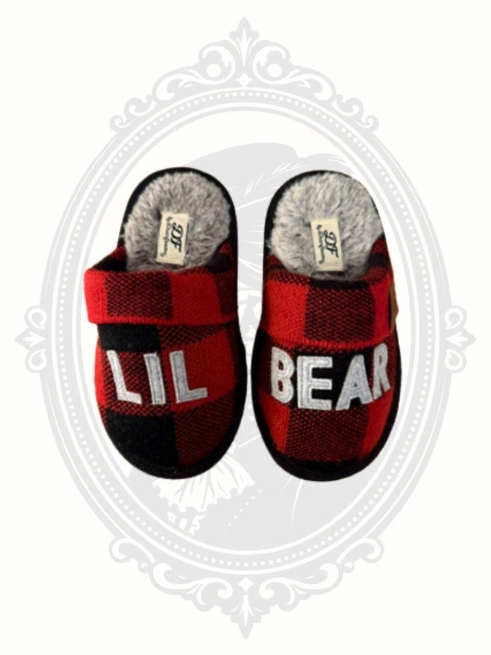 🐻Dearfoams Lil Bear Buffalo Plaid Plush House Slippers Kids US 11-12 Red Black